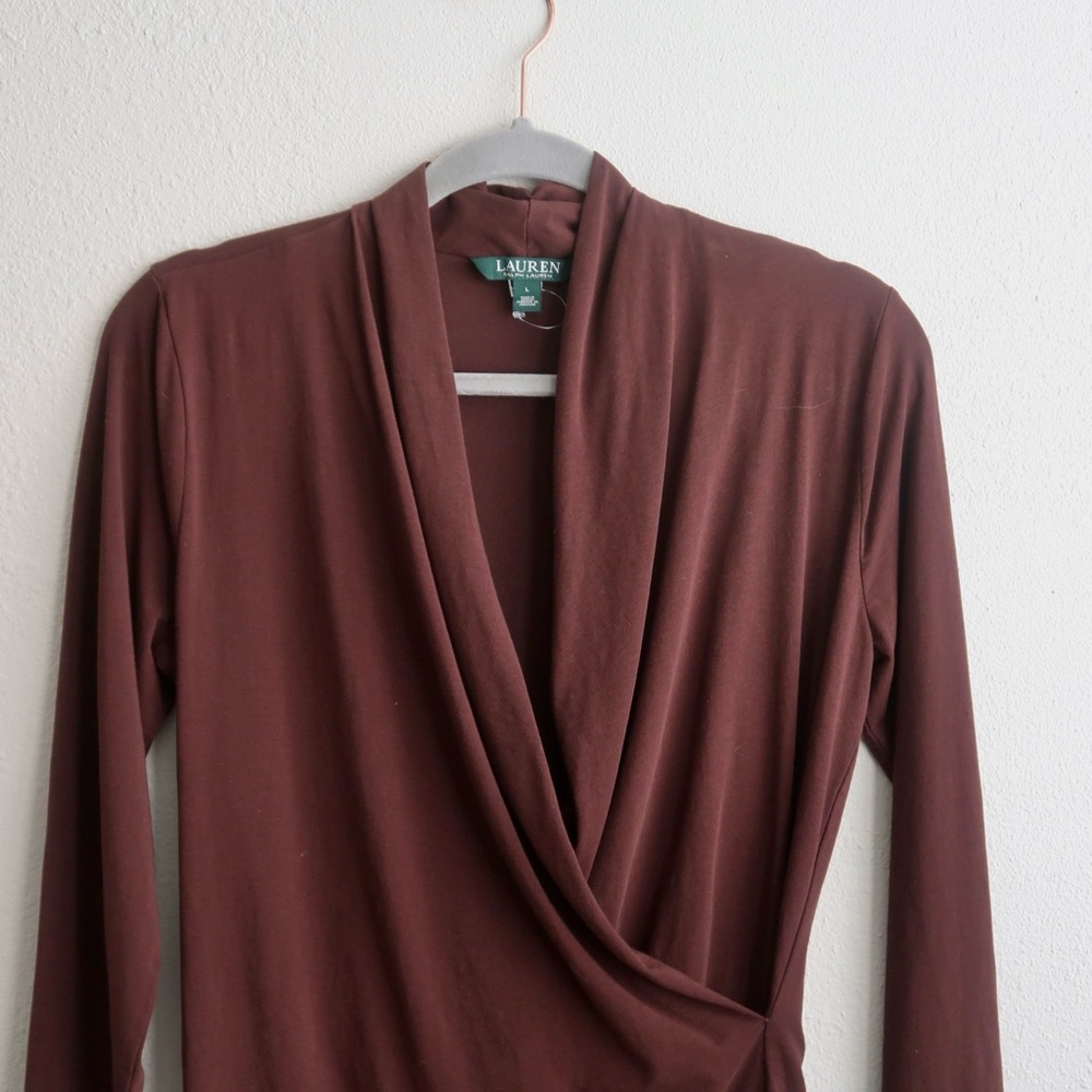 NWOT Ralph Lauren Brown Long Sleeve Drape Front Top - Picture 2 of 10